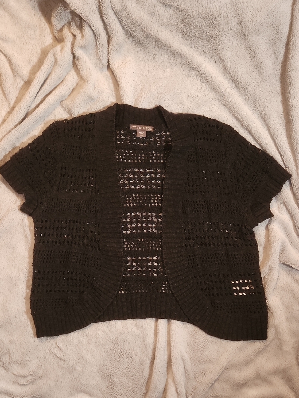 Covington Black Short-Sleeve Open Knit Cardigan